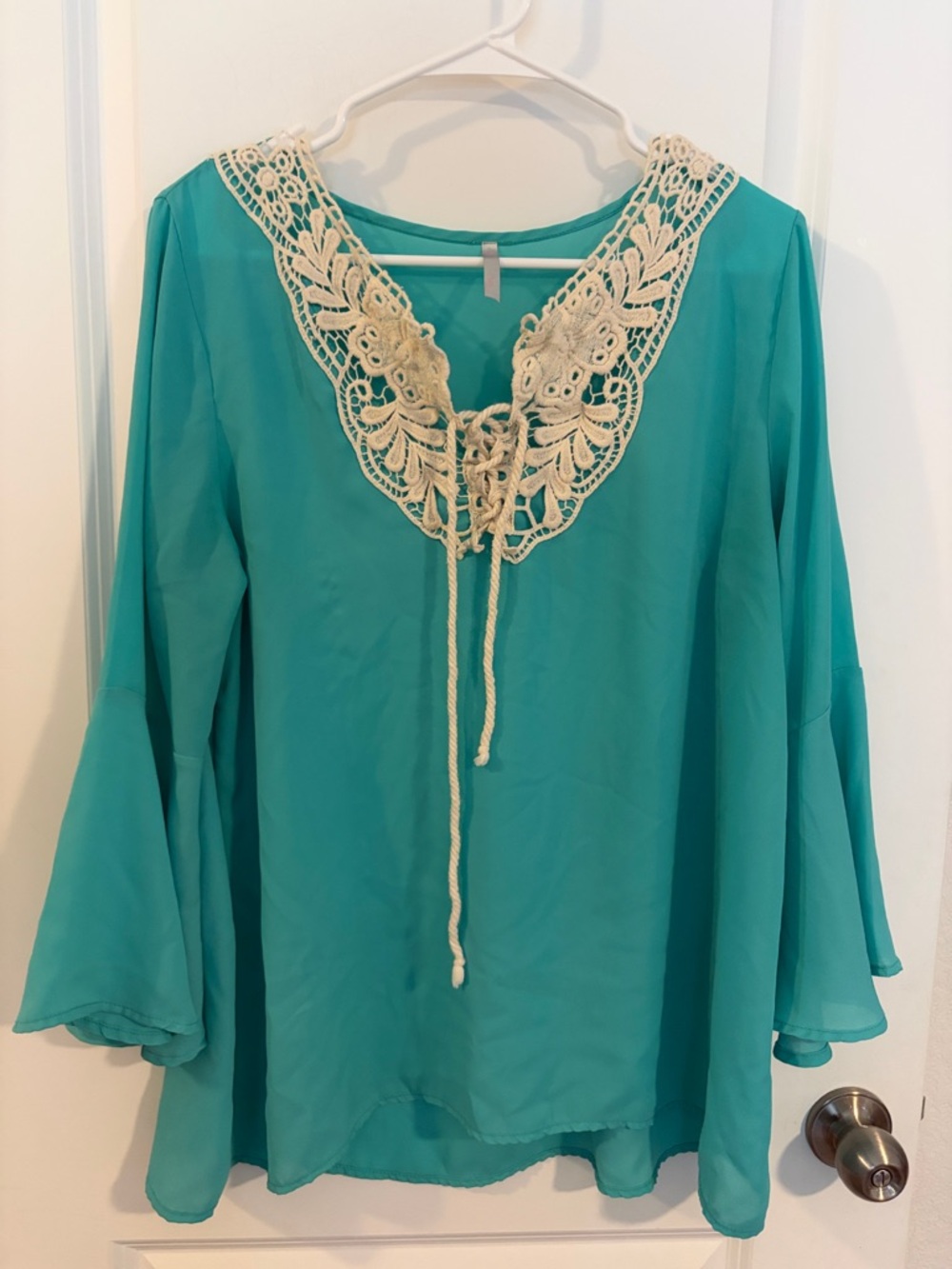 Crochet-Trim Teal Peasant Blouse - Women's Top